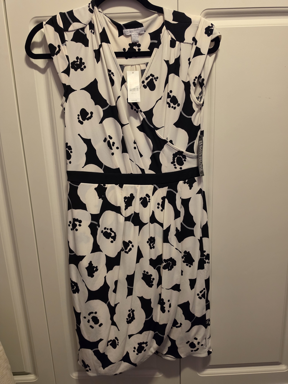 New York & Company Black and White Floral Wrap Midi Dress